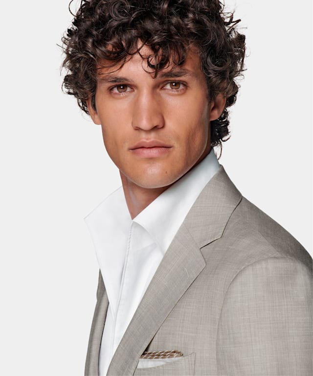 Taupe jacket and white shirt