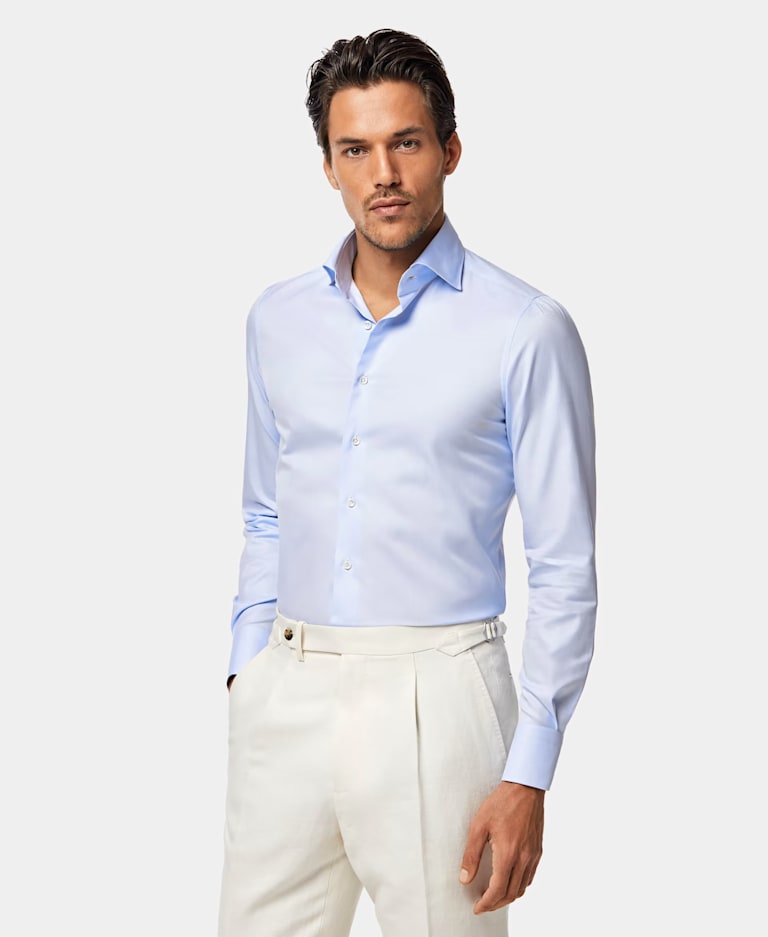 Man wearing a quality blue shirt