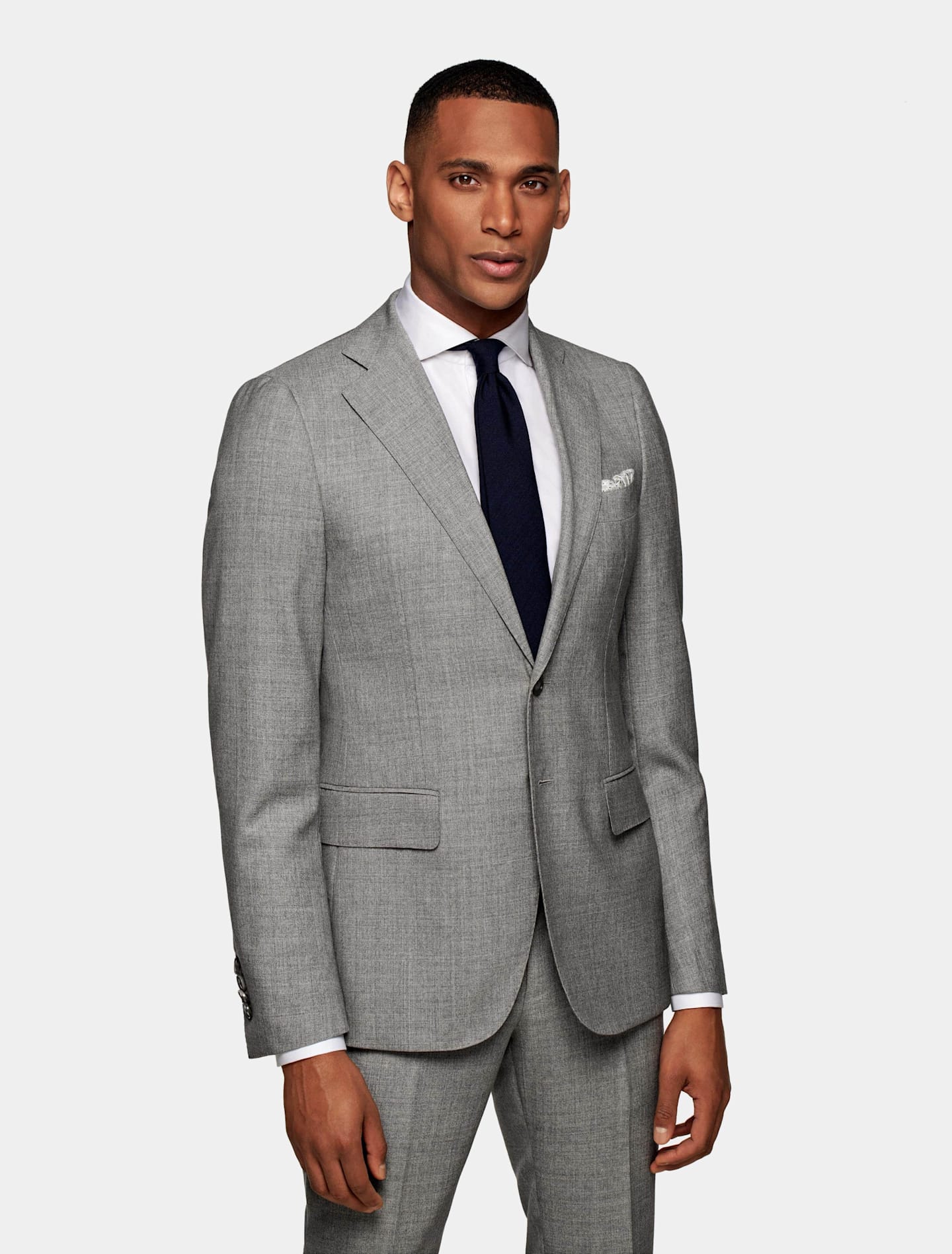 Grey formal attire suit with a black tie