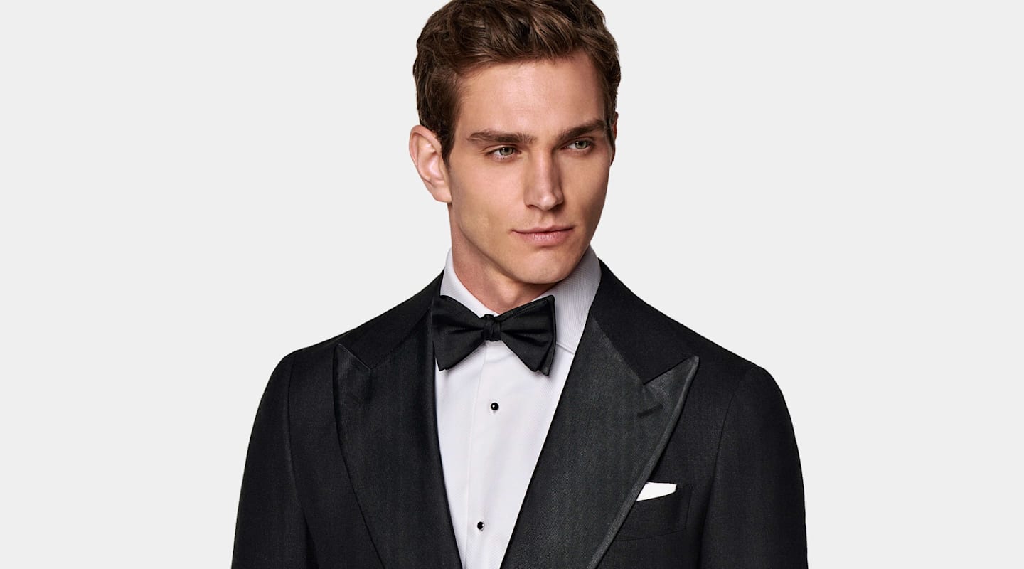 Black tuxedo for a black tie occasion such as a wedding or gala.
