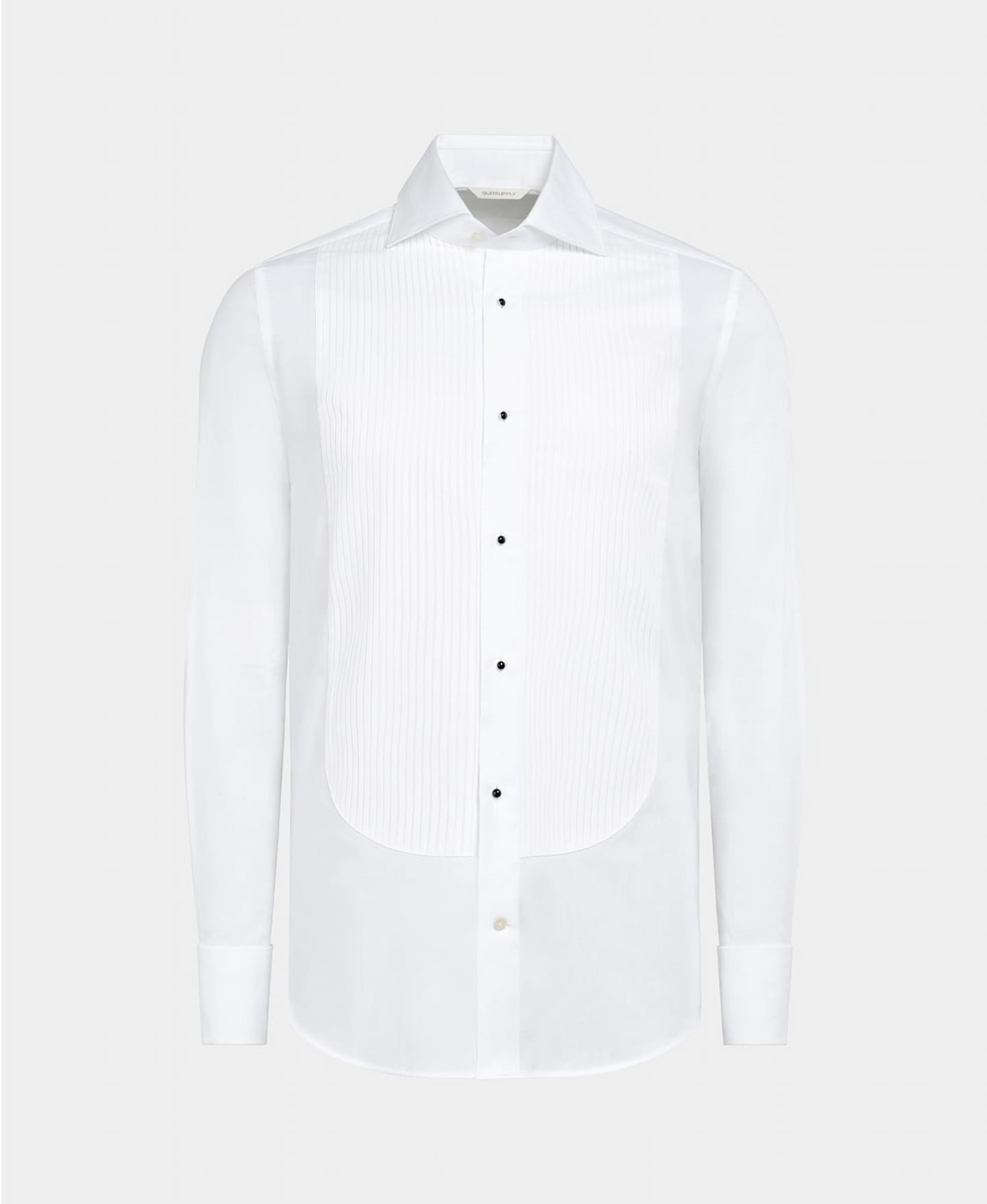 White pleated bib-front tuxedo shirt with black enamel stud buttons.