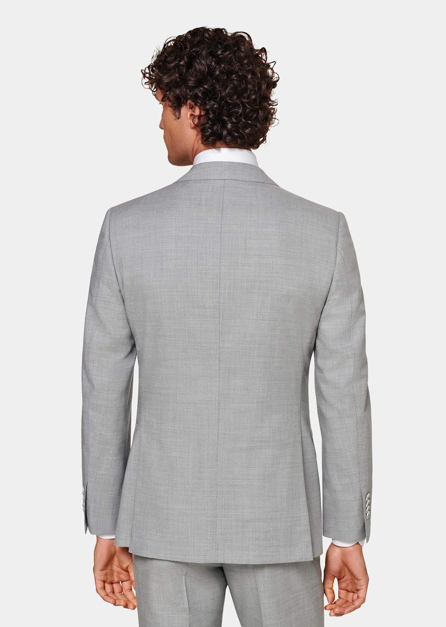 Rear view of grey slim fit suit