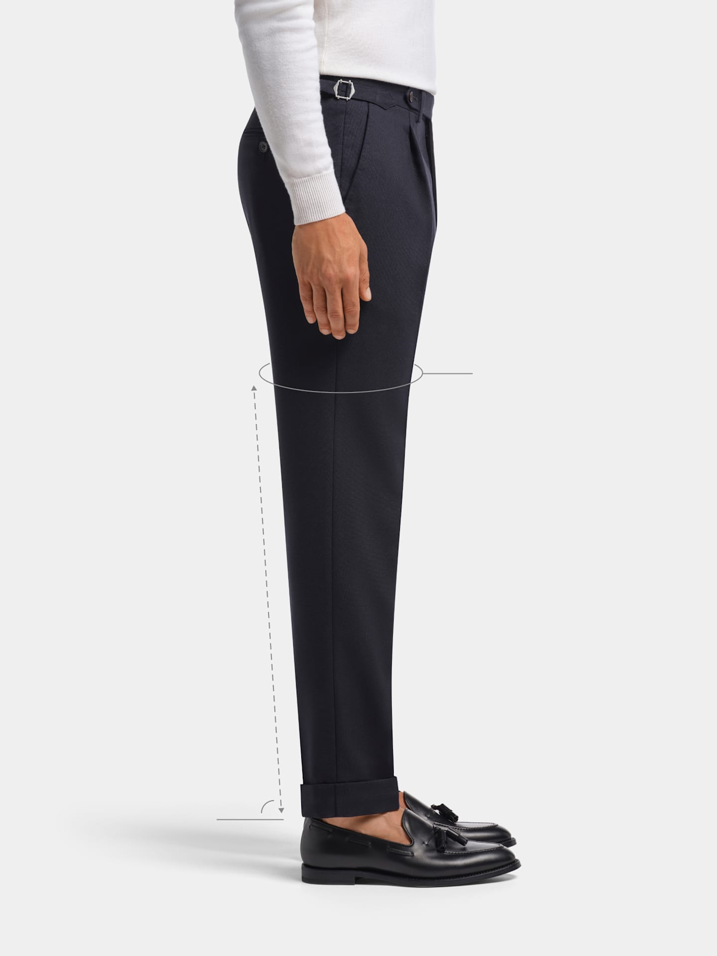 Profile view illustrating a slim, tapered leg fit.