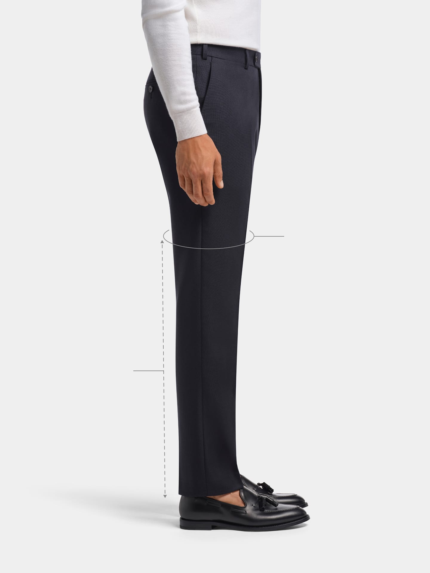 Profile view illustrating a slim, tapered leg fit.