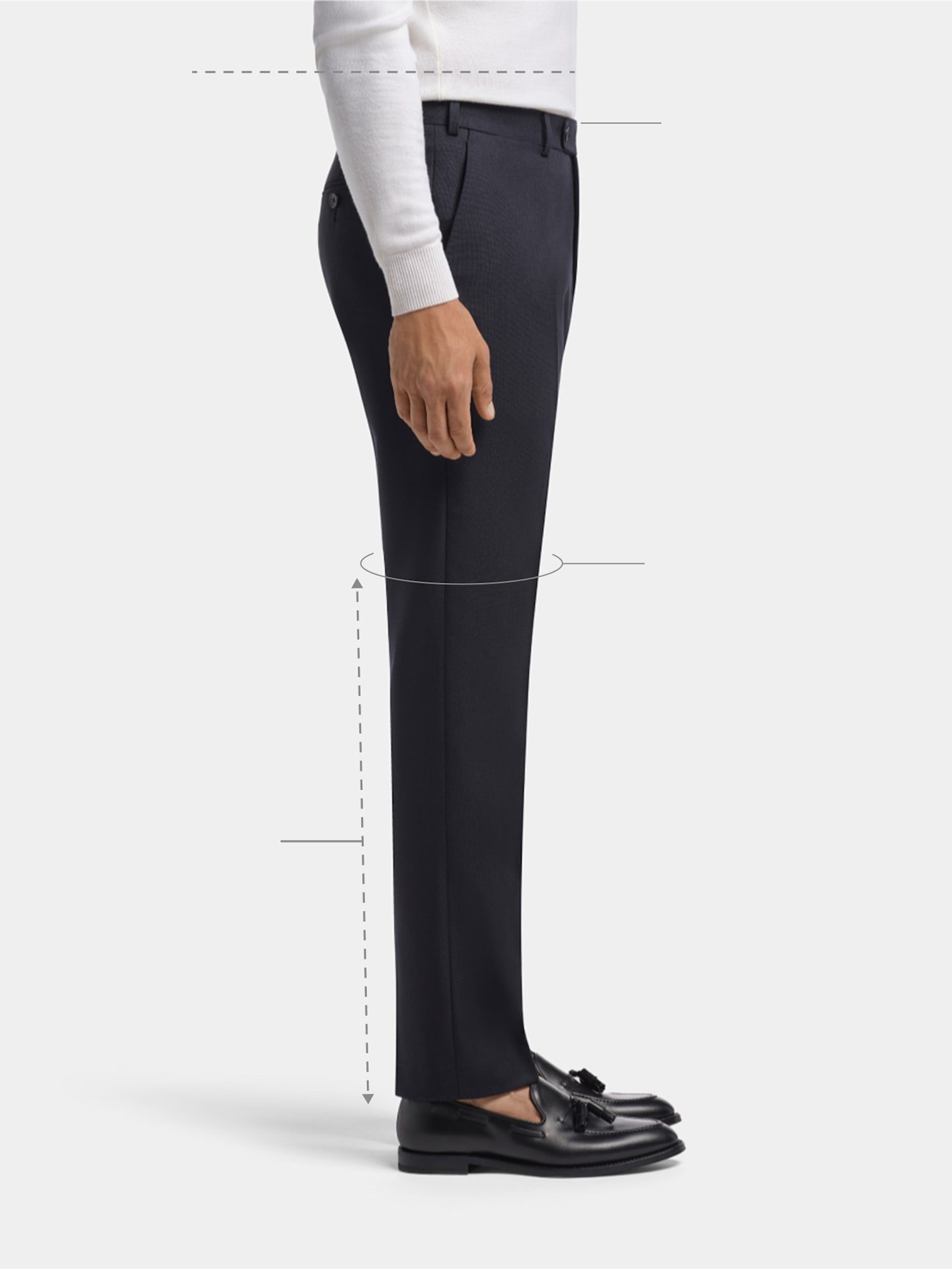 Profile view illustrating a slim, tapered leg fit.