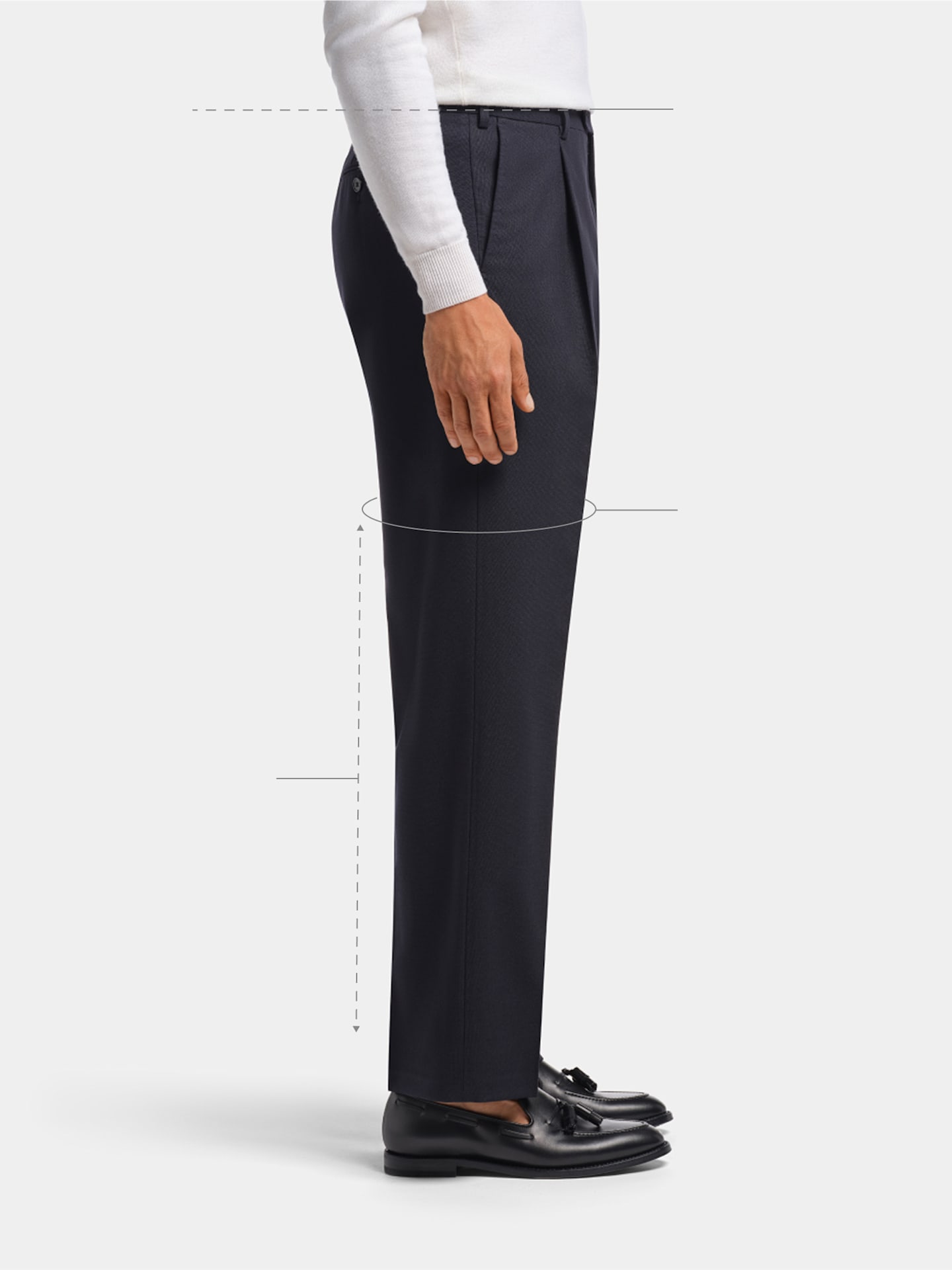 Profile view illustrating a wide, straight leg fit.