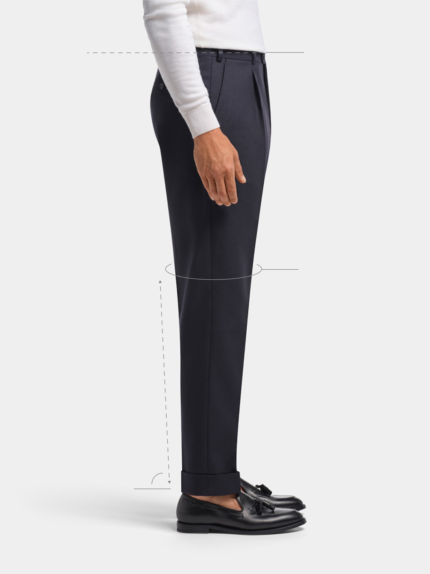 Profile view illustrating a wide, tapered leg fit.