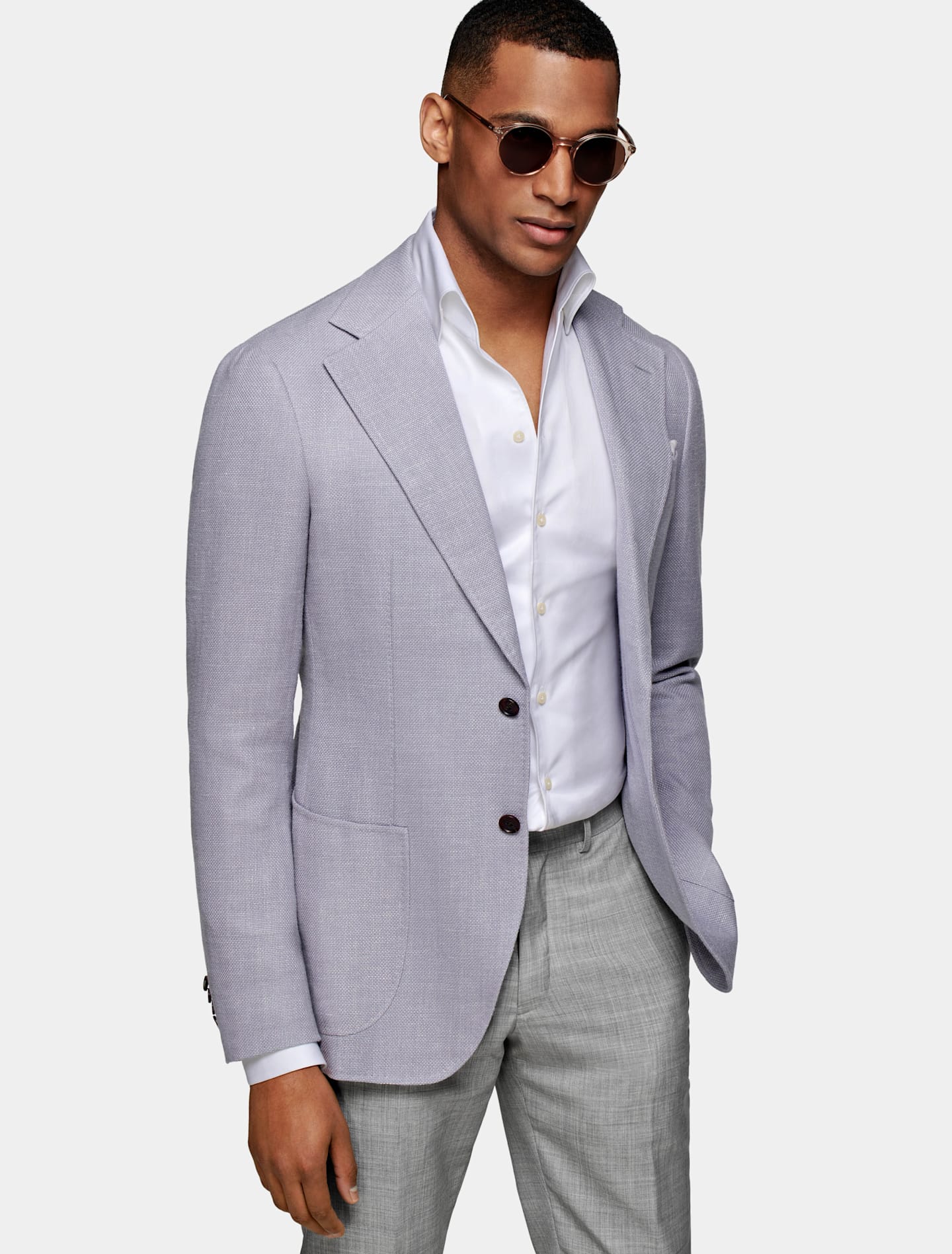 A lavender tailored jacket to complement a smart casual wedding code.