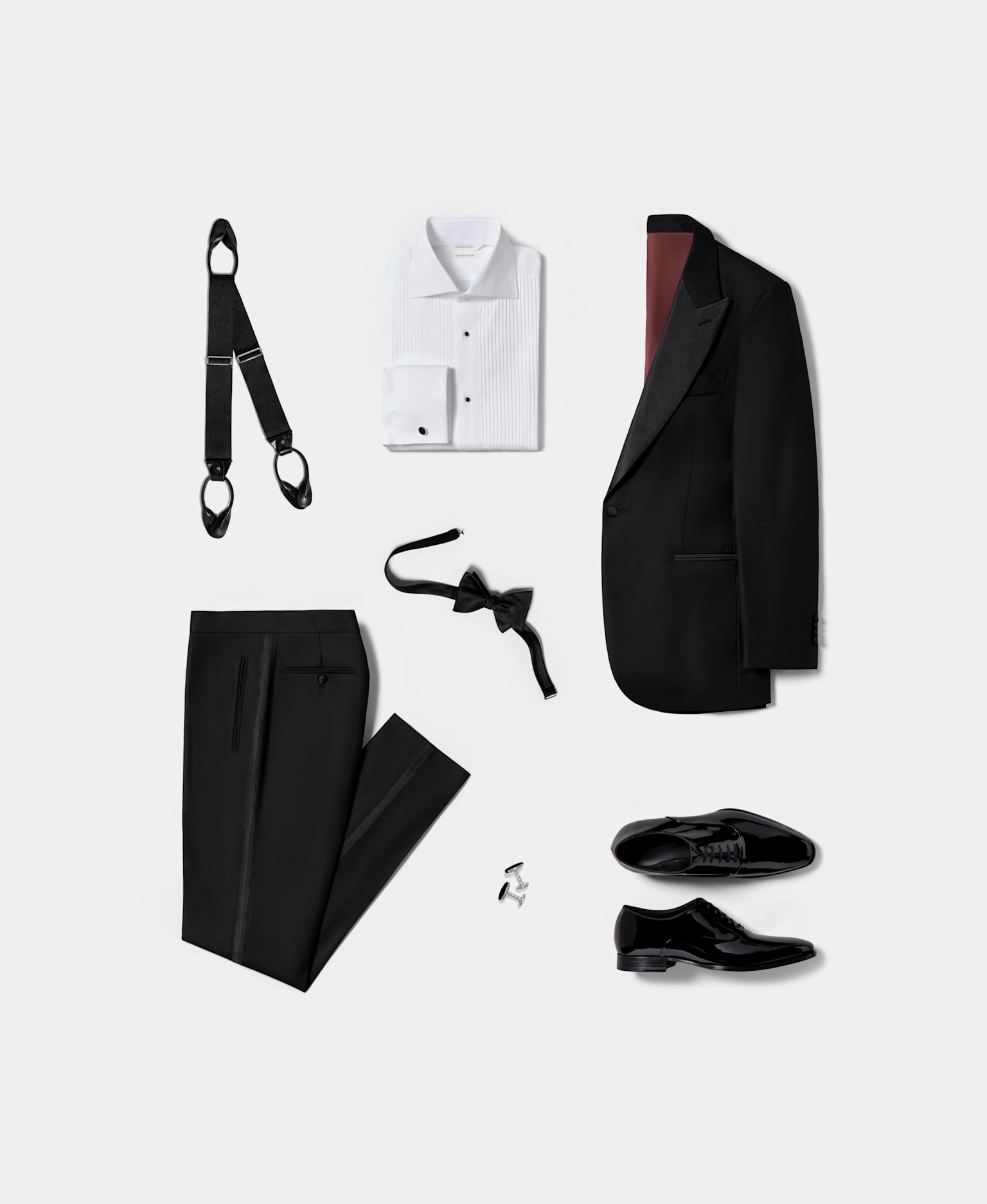 Tuxedo collage with black peak lapel tuxedo, white pleated tuxedo shirt, black patent leather lace-ups, black suspenders, and black silk bow tie.