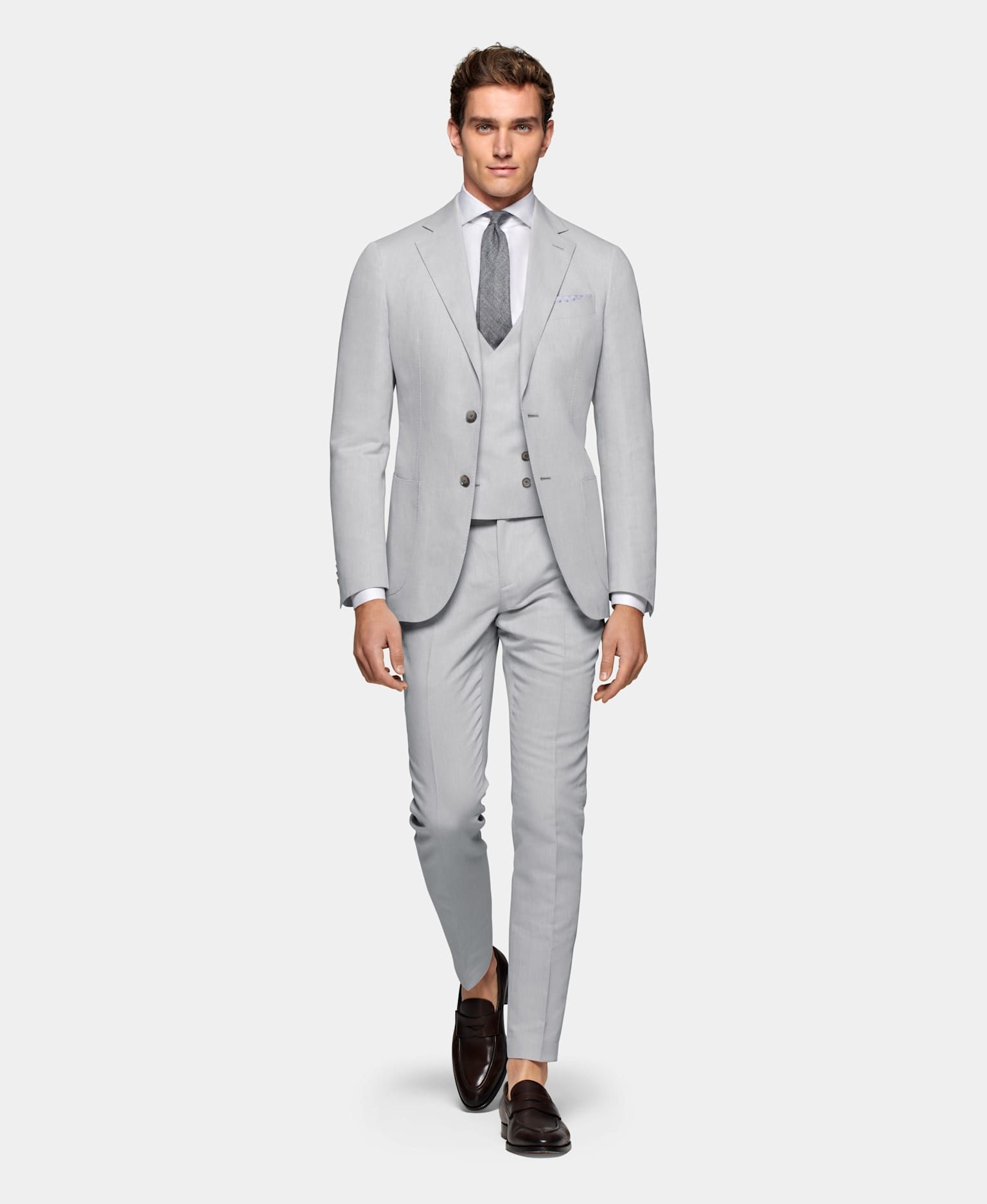 A cotton linen grey 3 piece suit for a formal attire.