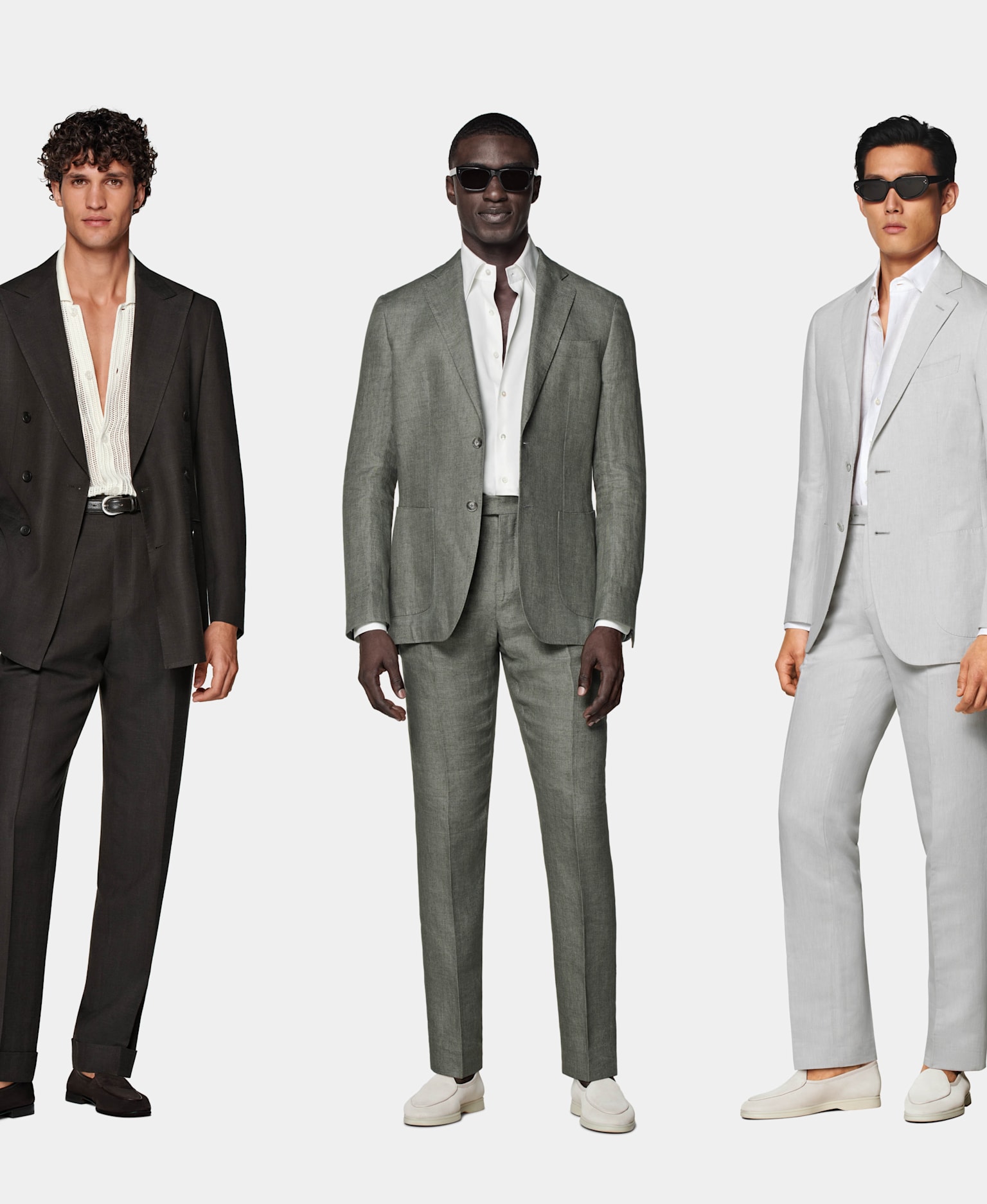 Three relaxed suit and knit styles for men's casual cocktail dress code attire.