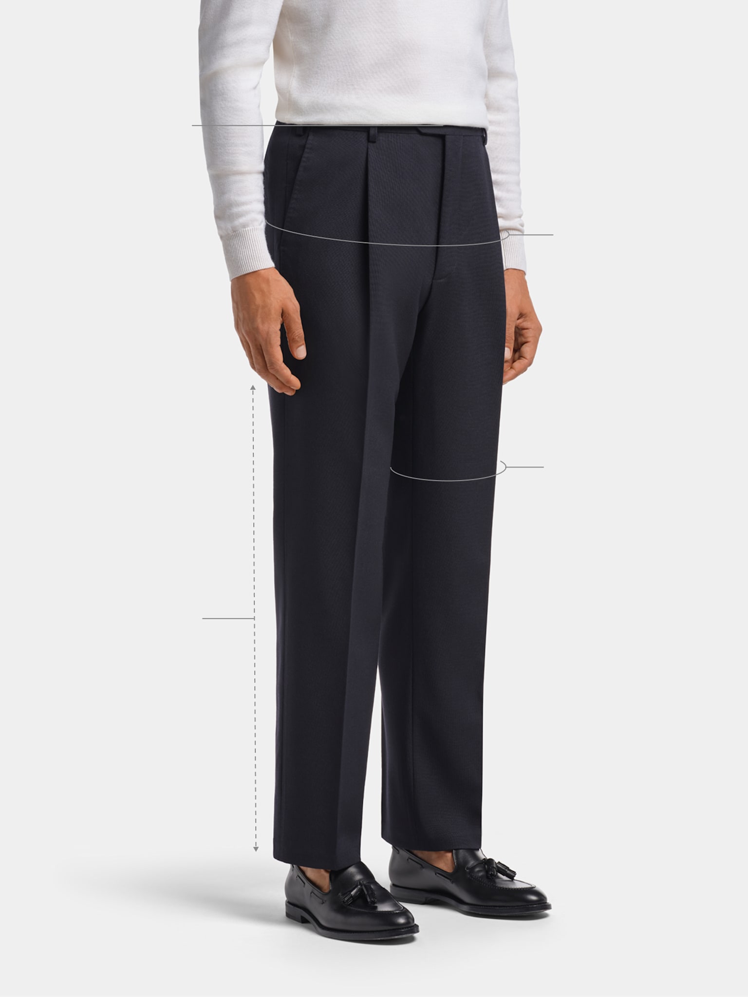 Navy wide, straight leg fit trousers with white knit and sockless loafers.