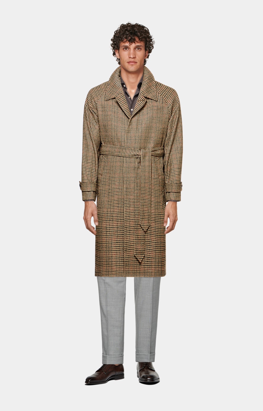 Brown & Red Checked Belted Overcoat