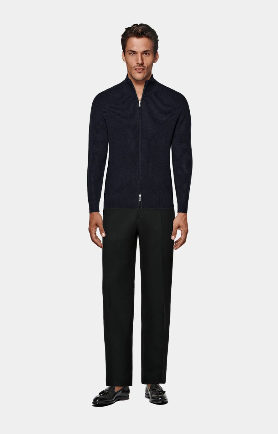 Navy Ribbed Zip Cardigan