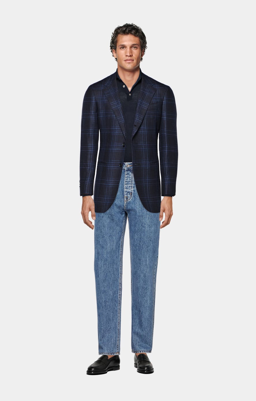 Navy Checked Tailored Fit Havana Blazer in Wool Silk Linen SUITSUPPLY SUITSUPPLY The Netherlands