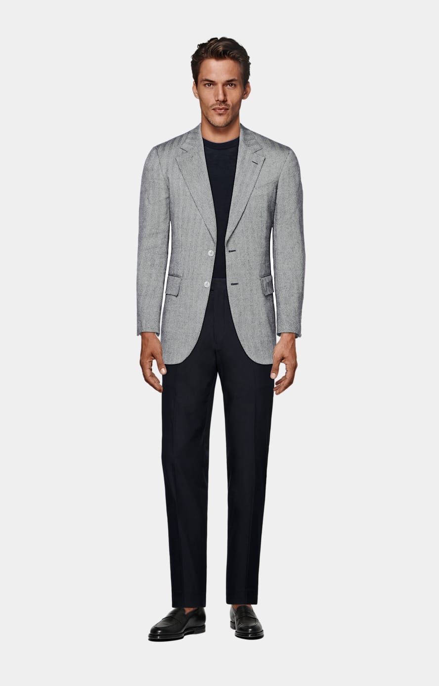 Navy Herringbone Tailored Fit Milano Blazer