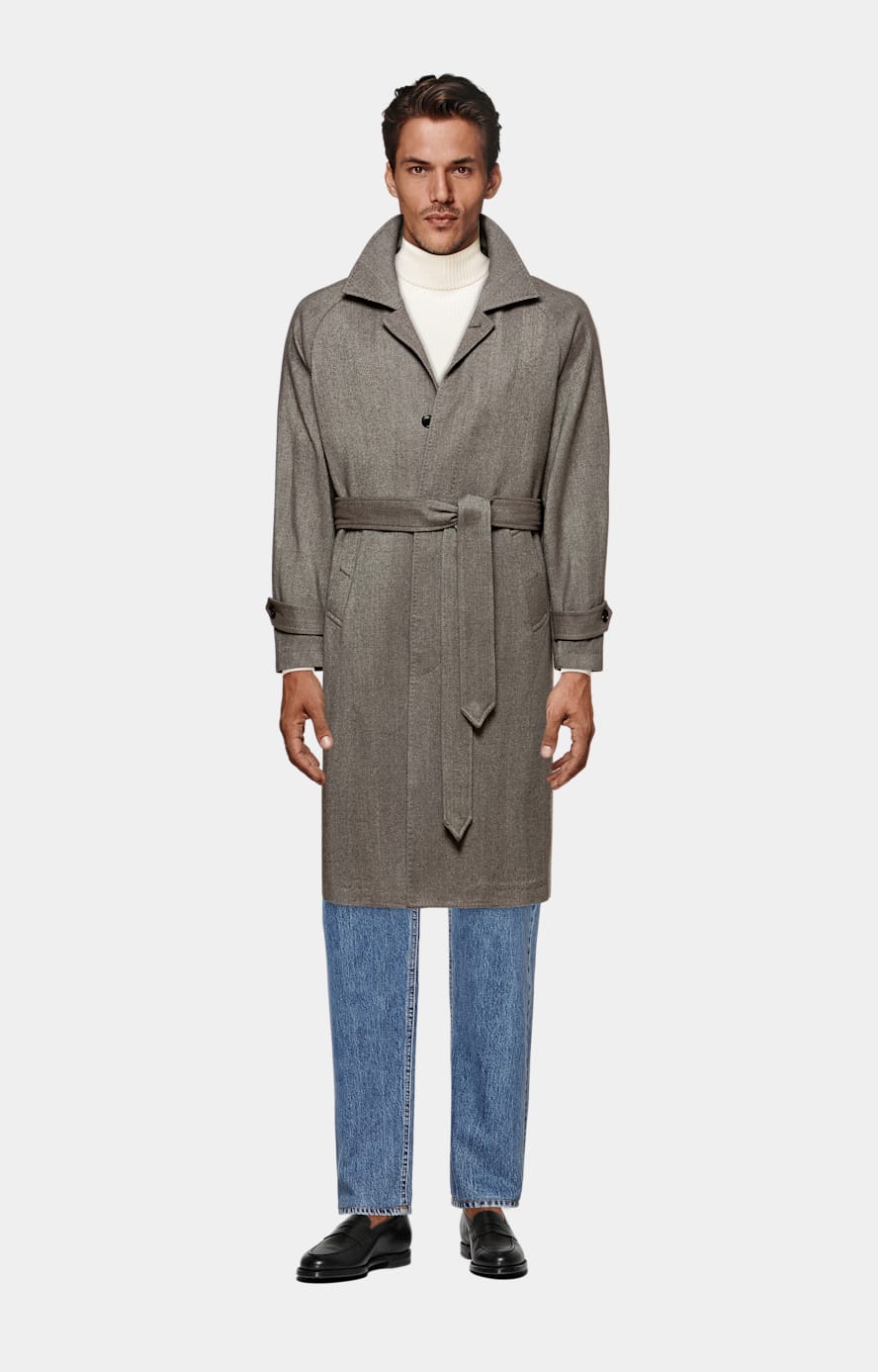 Taupe Herringbone Belted Overcoat