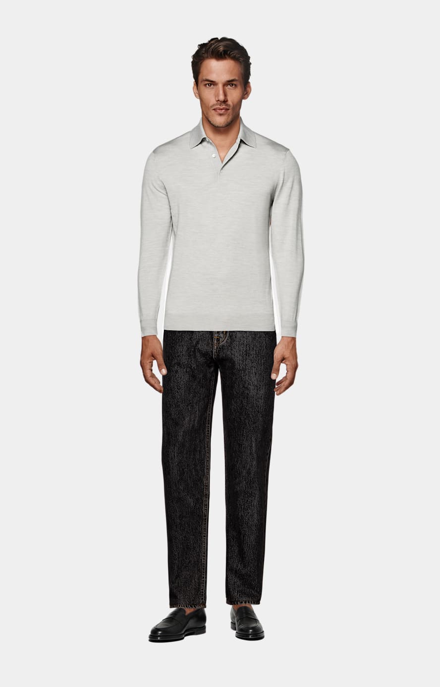 Light Grey Merino Long Sleeve Polo