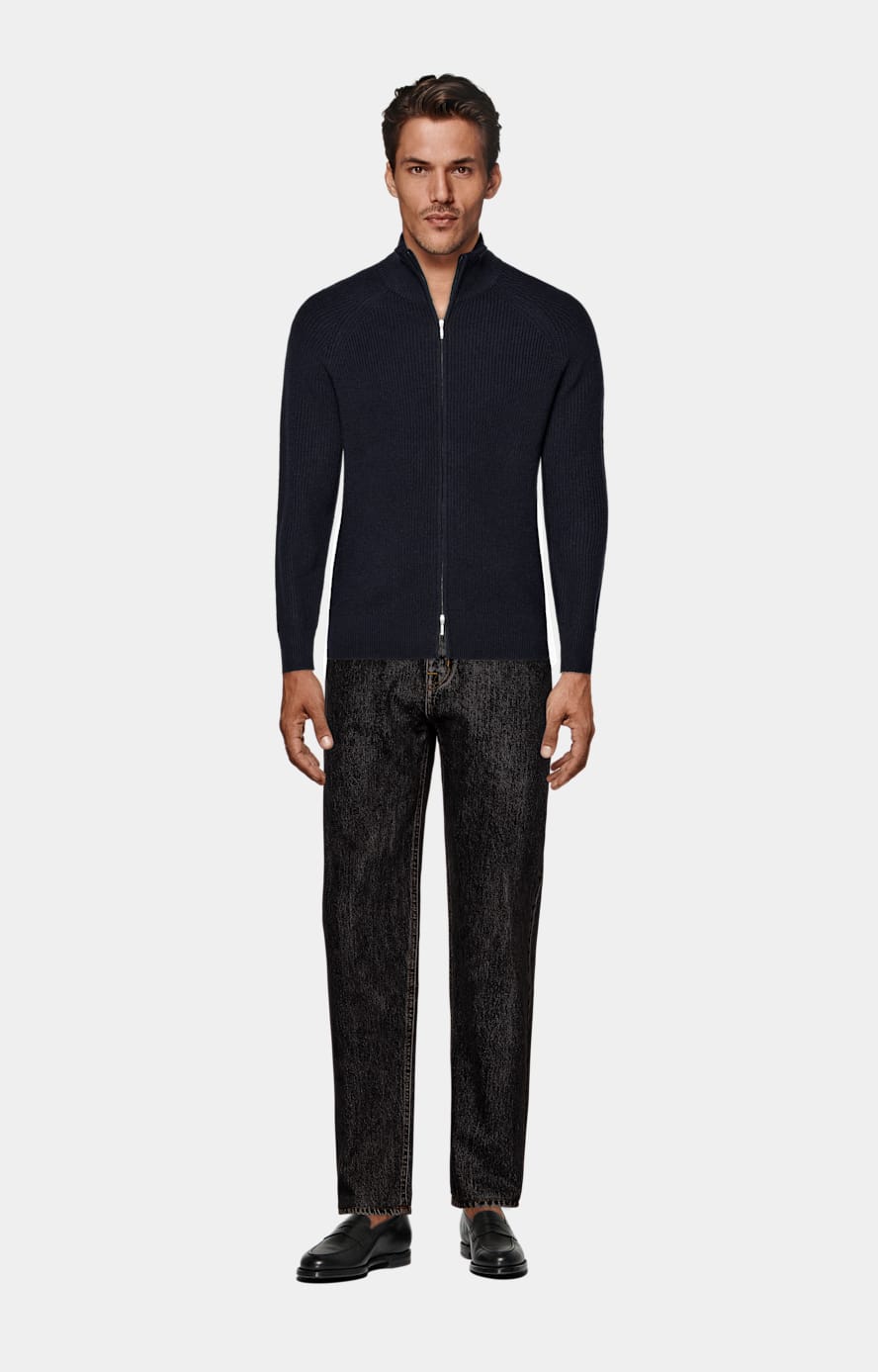 Navy Ribbed Zip Cardigan