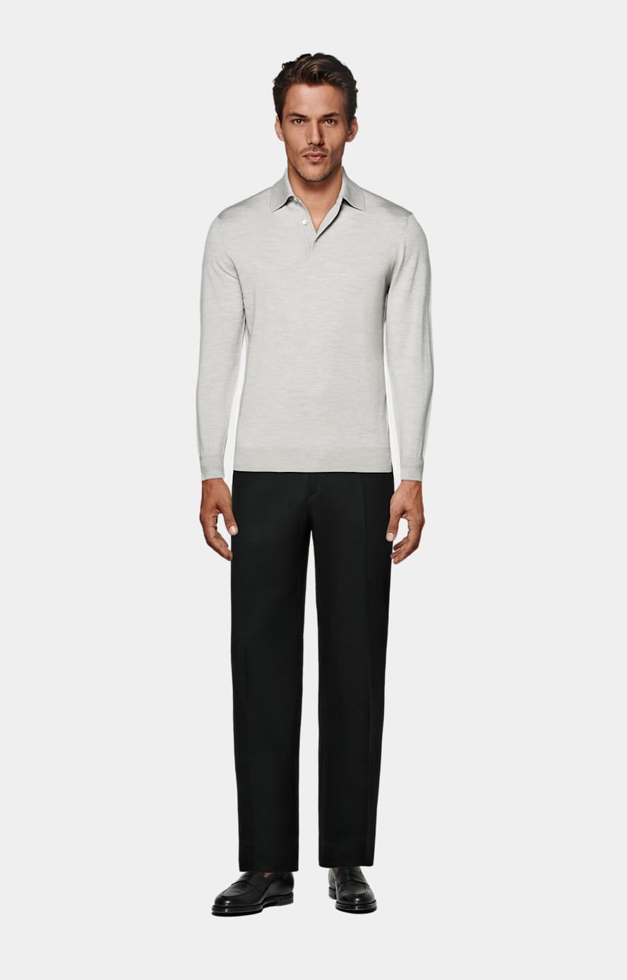 Light Grey Merino Long Sleeve Polo