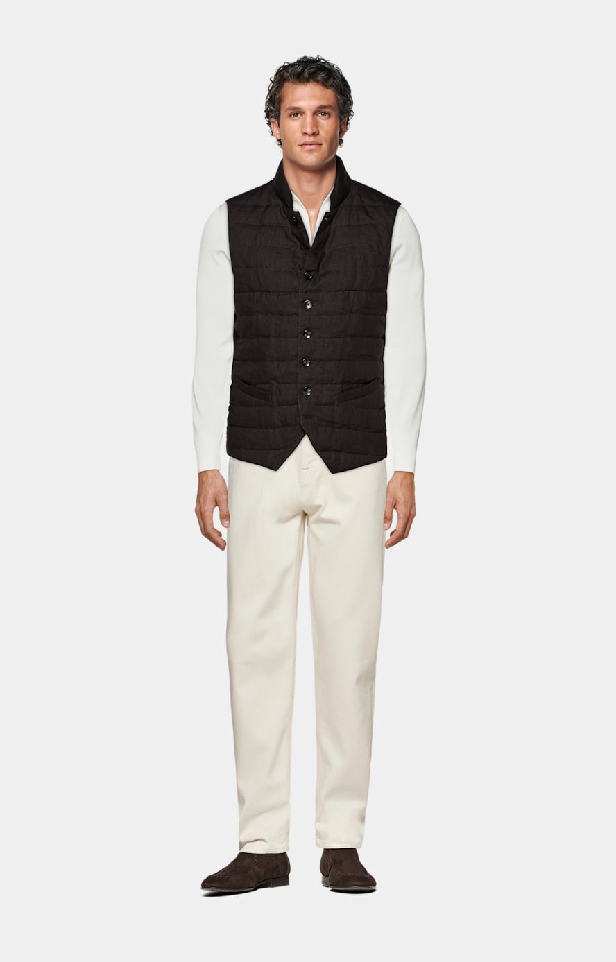 Dark Brown Down Vest in Pure Linen SUITSUPPLY United Kingdom