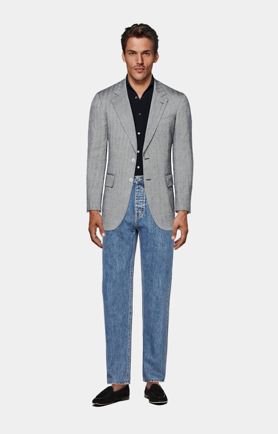 Navy Herringbone Tailored Fit Milano Blazer
