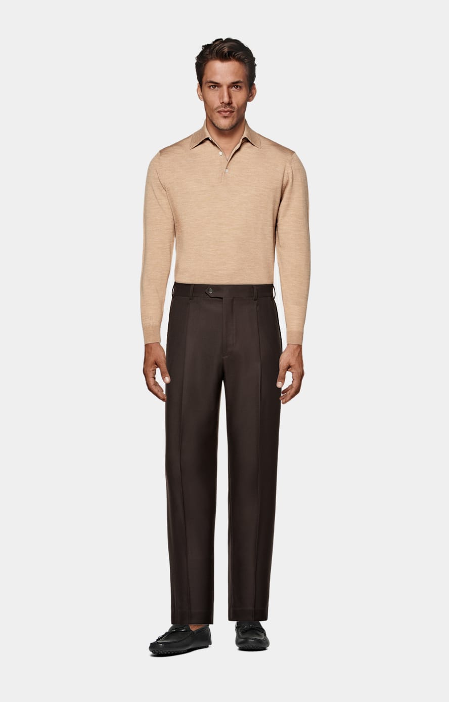Mid Brown Merino Long Sleeve Polo
