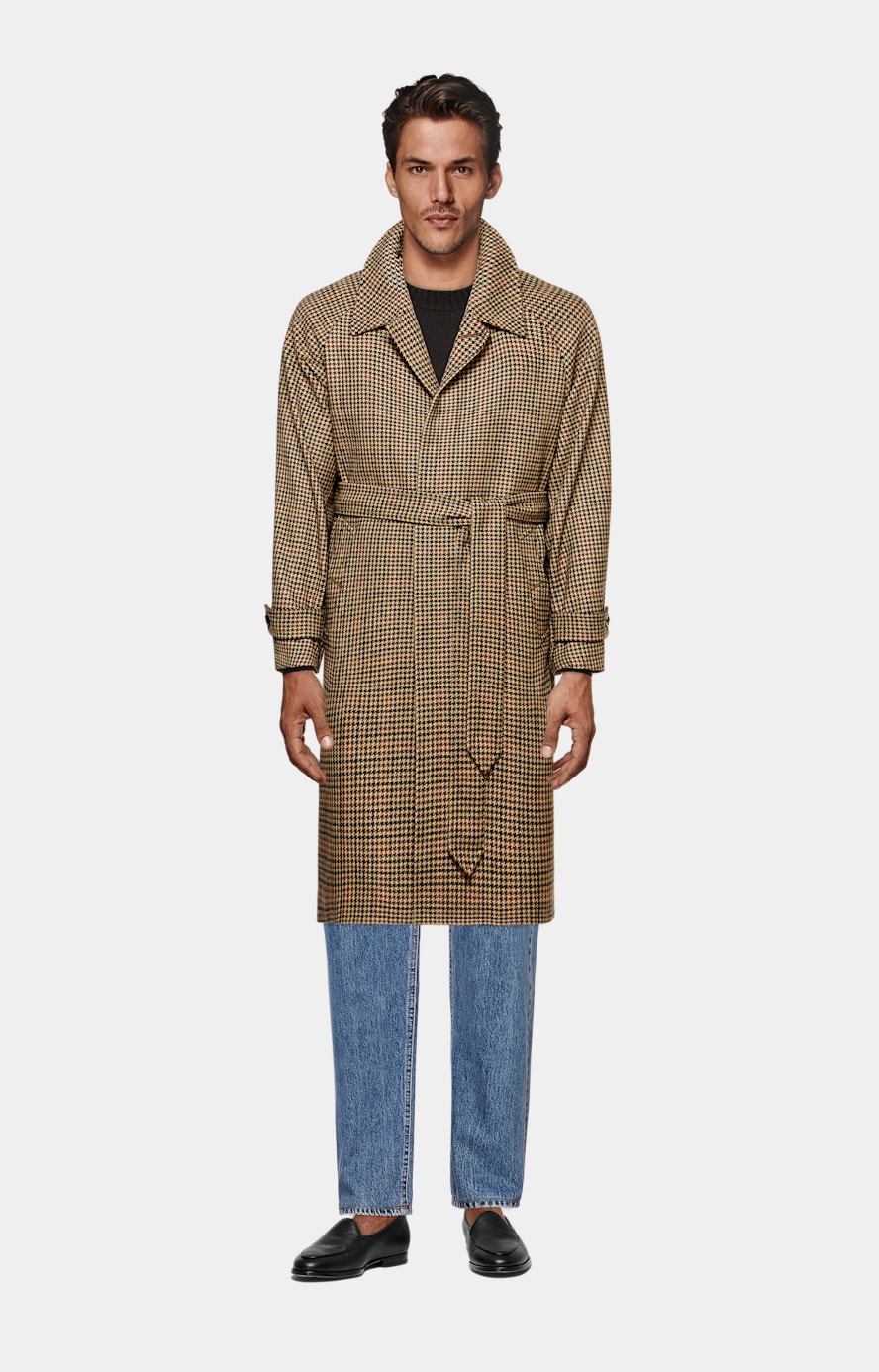 Brown & Red Checked Belted Overcoat
