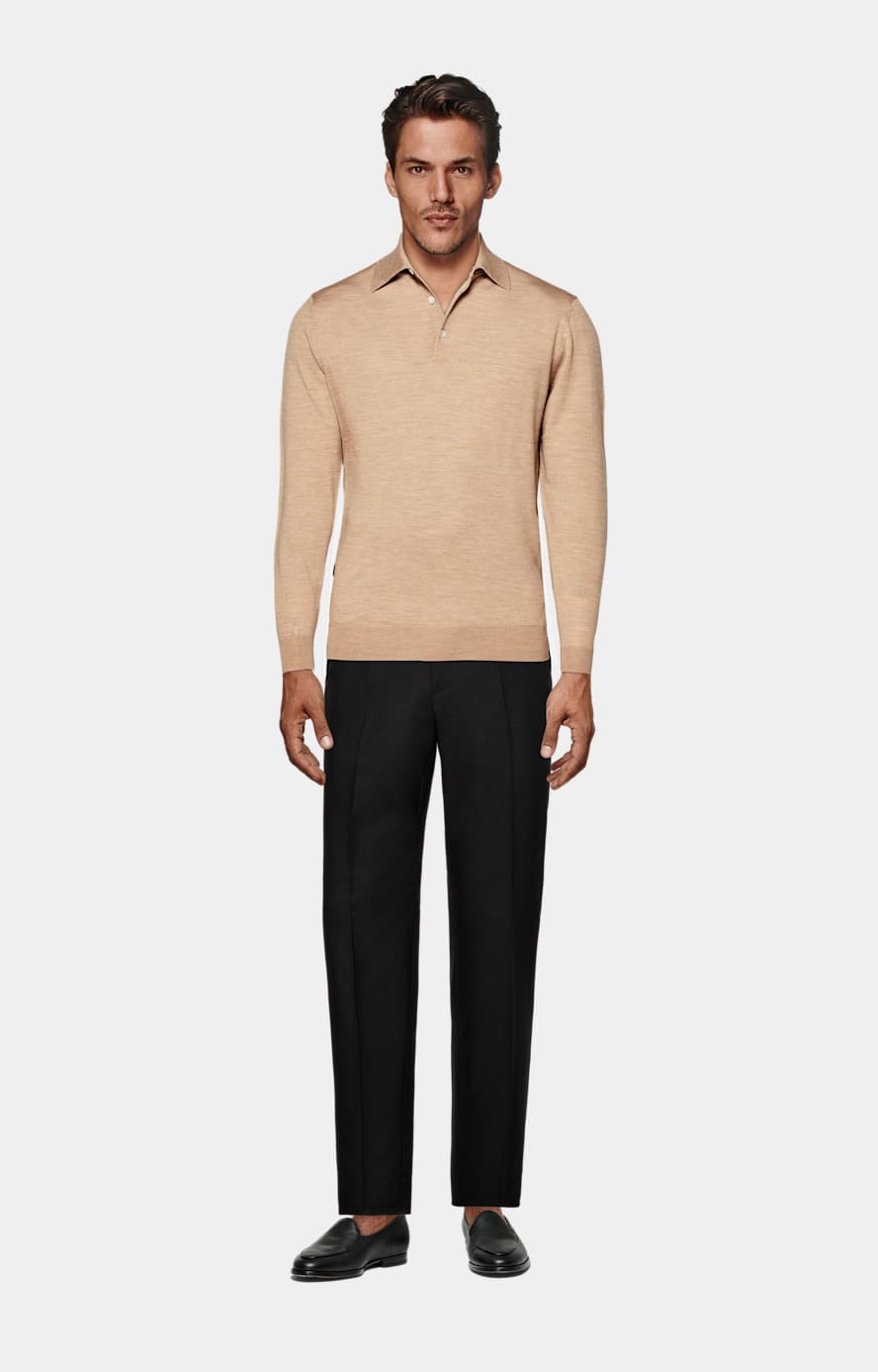 Mid Brown Merino Long Sleeve Polo