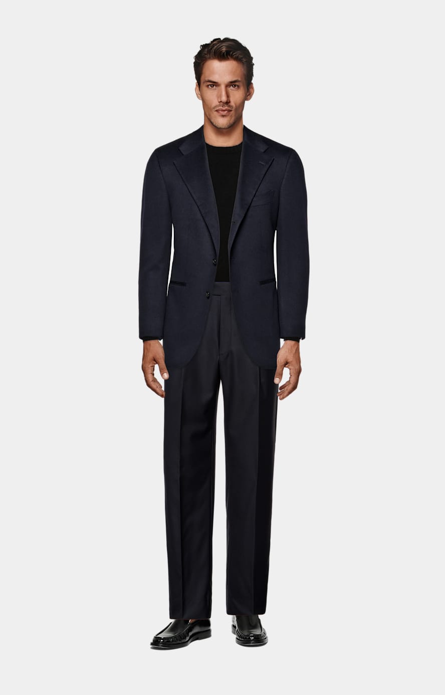 Navy Wide Leg Straight Pants in Pure S110's Wool