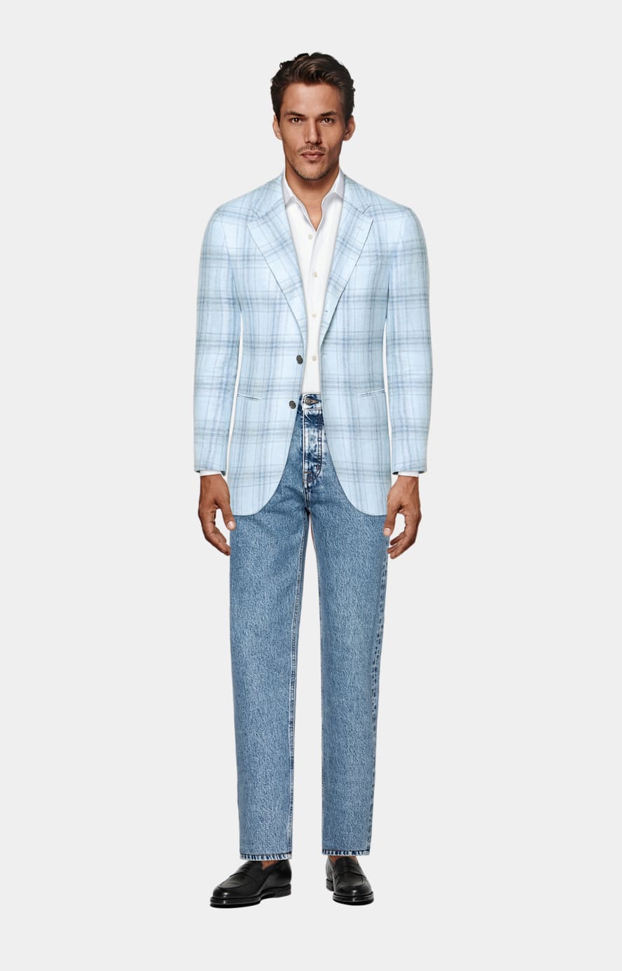 Light Blue Checked Tailored Fit Havana Blazer