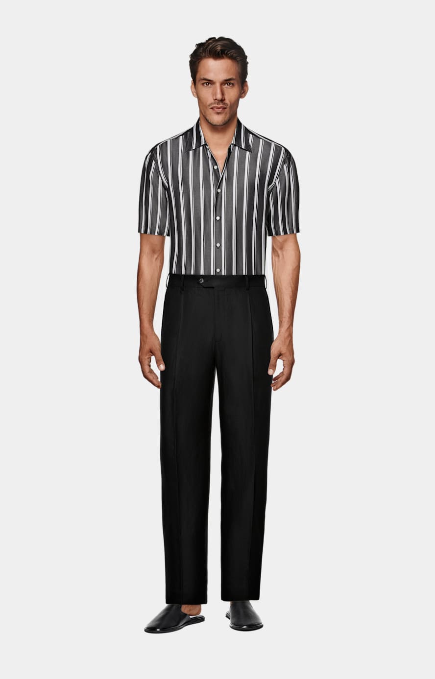 Black Striped Tailored Fit Short Sleeve Shirt