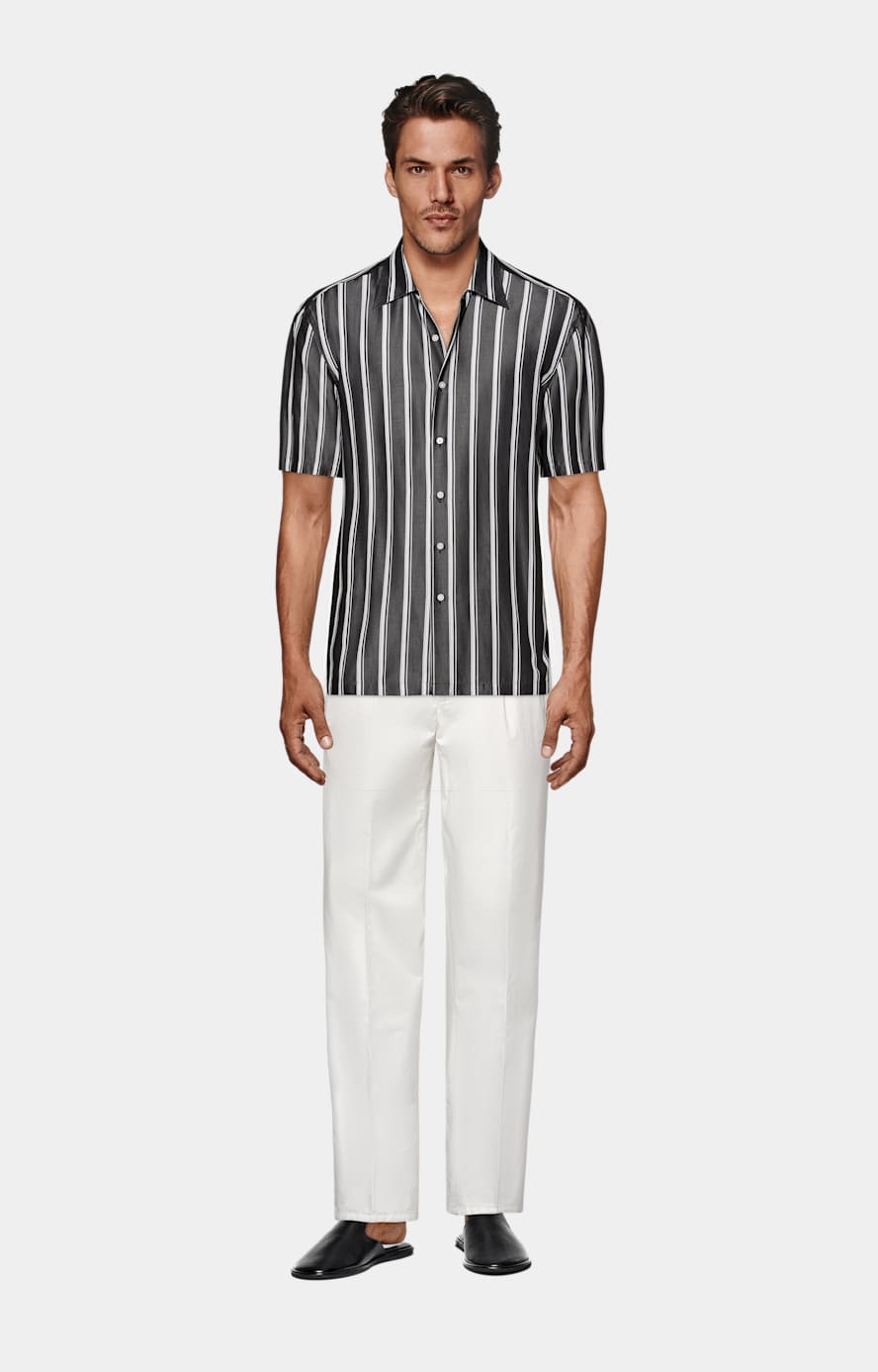 Black Striped Tailored Fit Short Sleeve Shirt