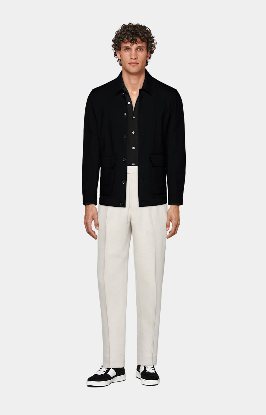 Black Long Sleeve Polo Cardigan in Californian Cotton & Mulberry Silk ...