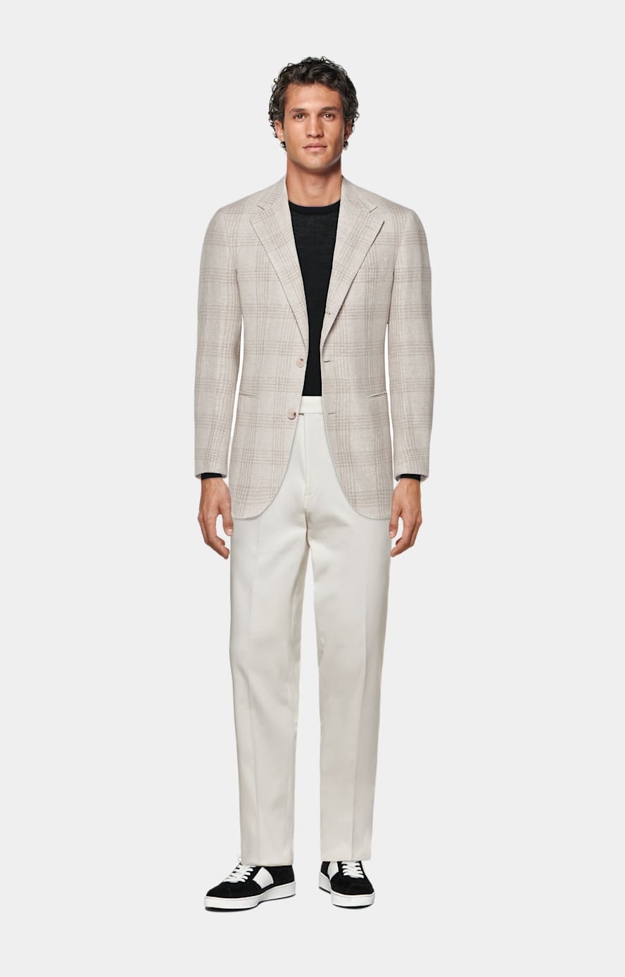 Light Taupe Checked Relaxed Fit Roma Blazer in Linen Silk Wool Cotton ...