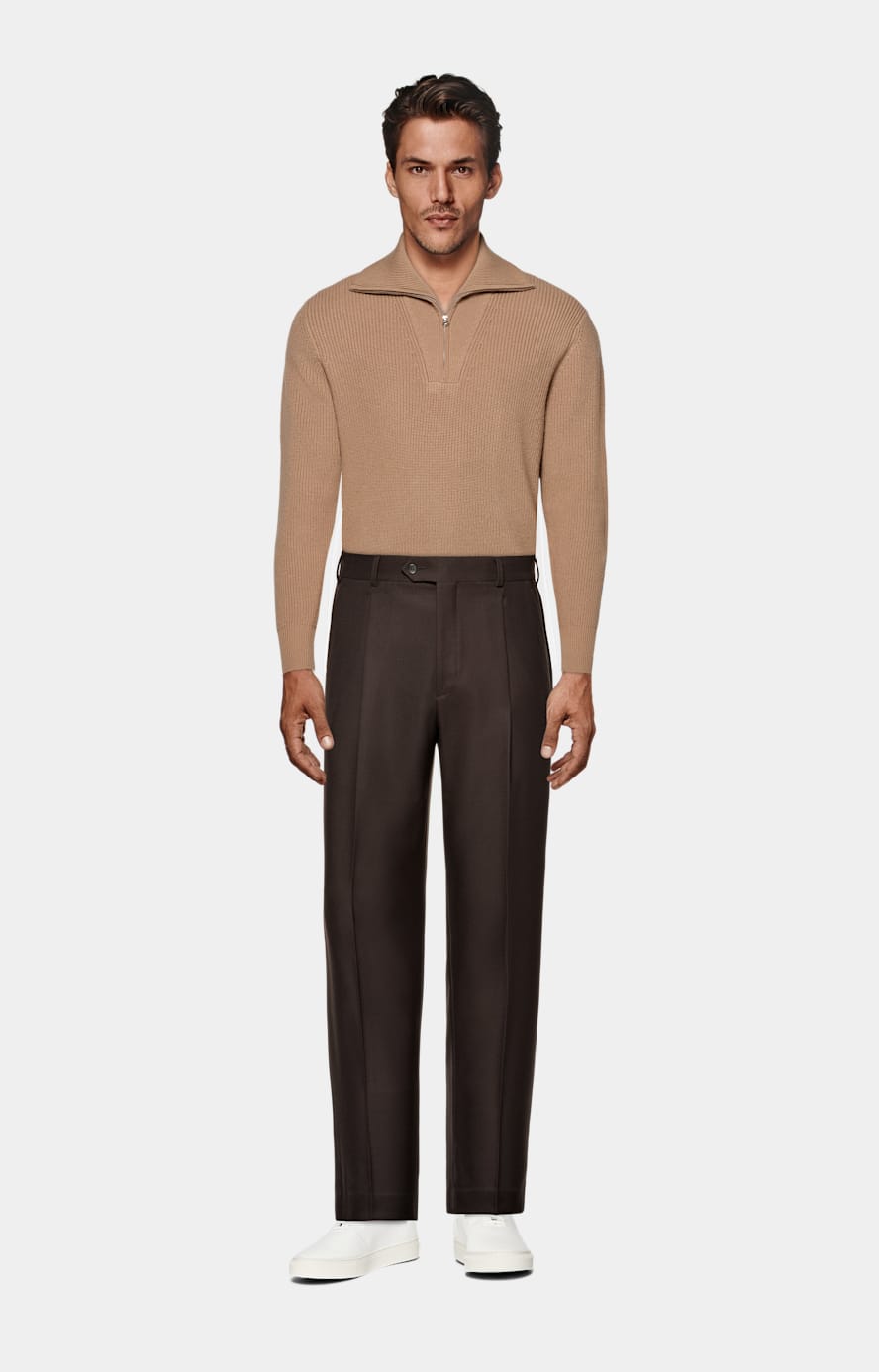 Mid Brown Ribbed Half Zip