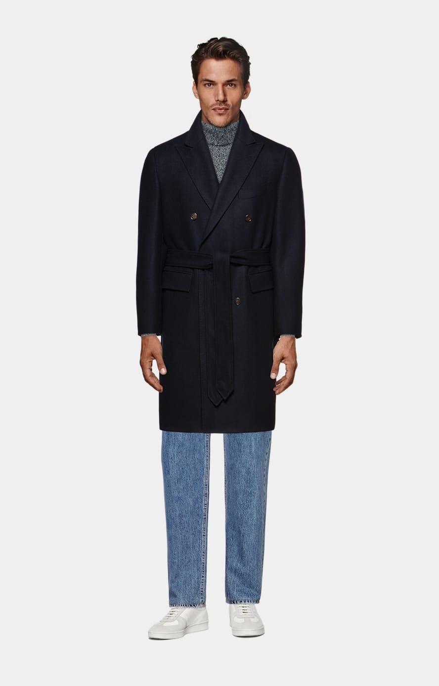 Navy Herringbone Belted Overcoat in Wool Cashmere SUITSUPPLY SUITSUPPLY Canada