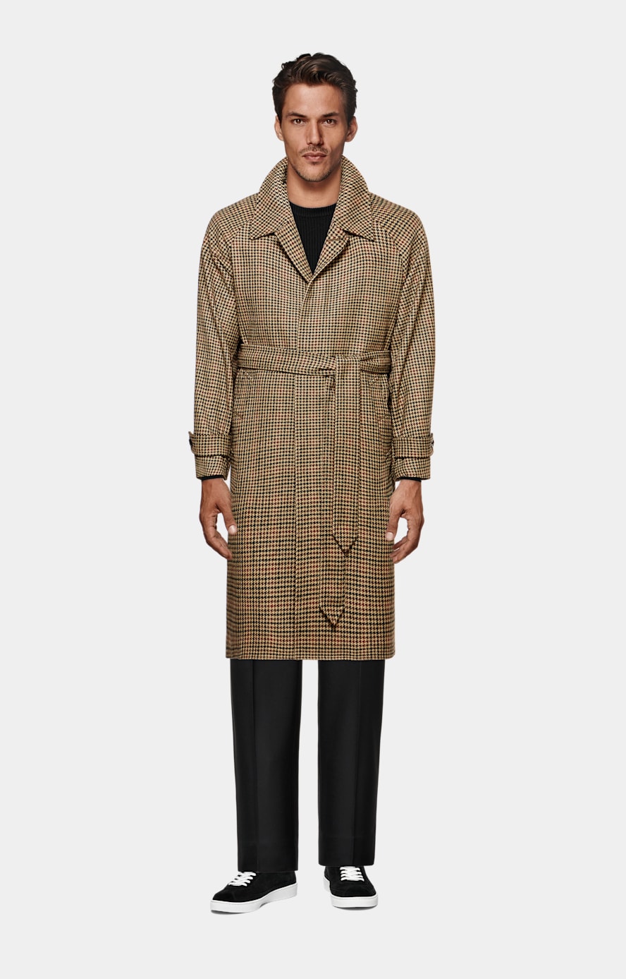 Brown & Red Checked Belted Overcoat