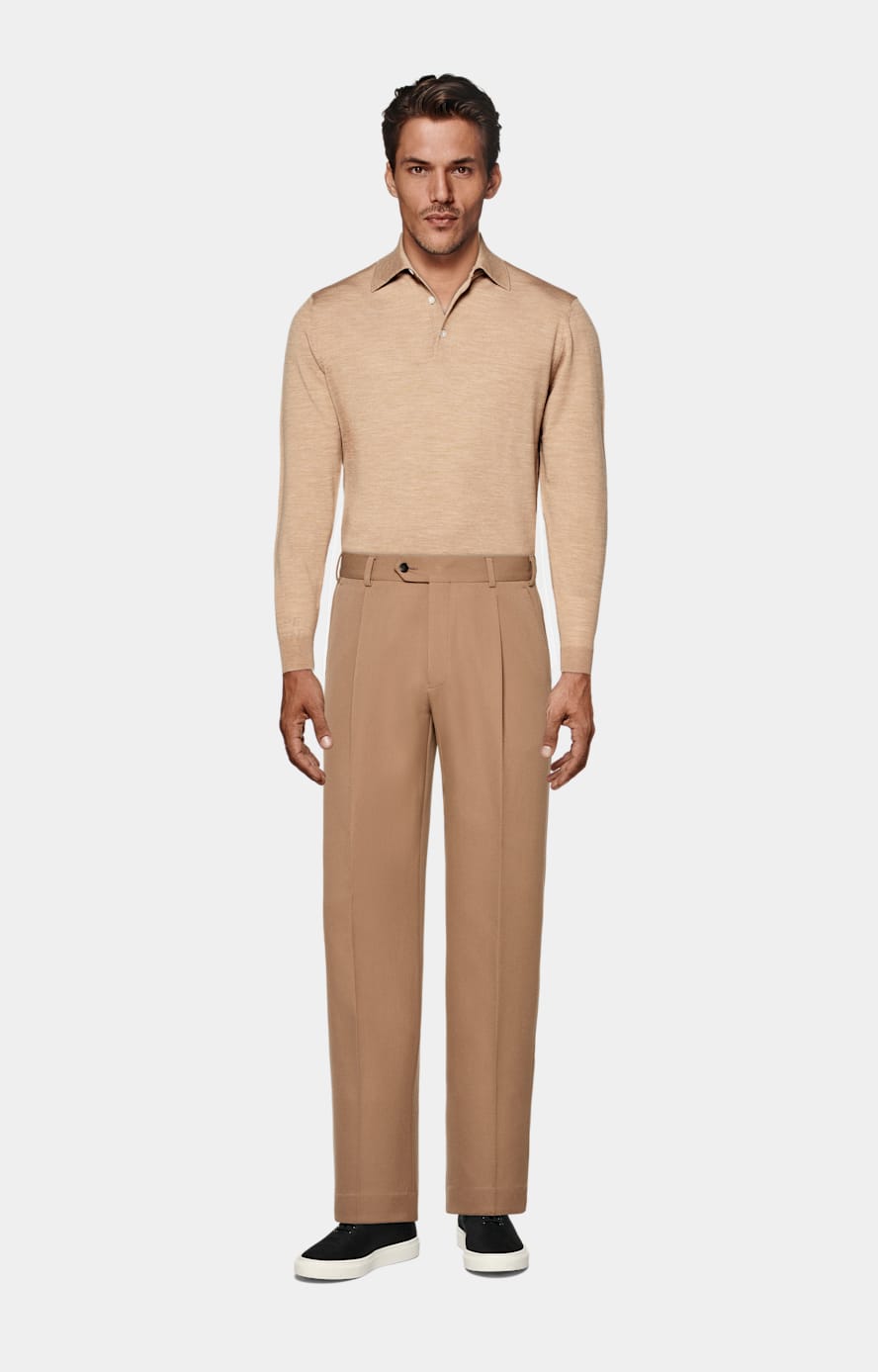 Mid Brown Merino Long Sleeve Polo