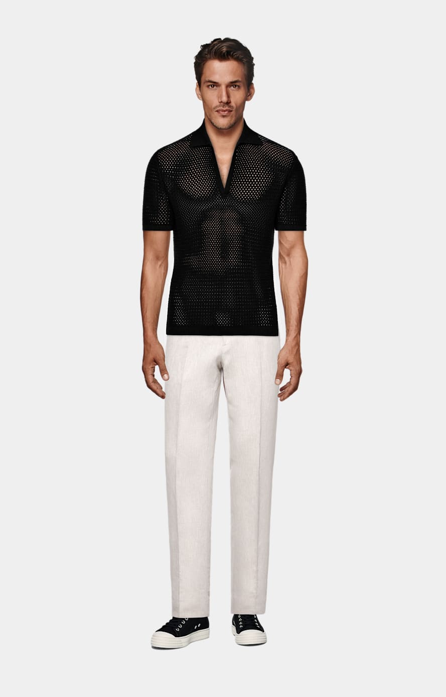 Black Crochet Buttonless Polo