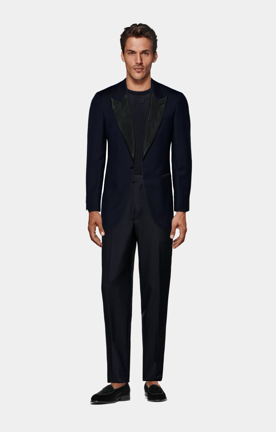 Navy Slim Leg Straight Tuxedo Trousers