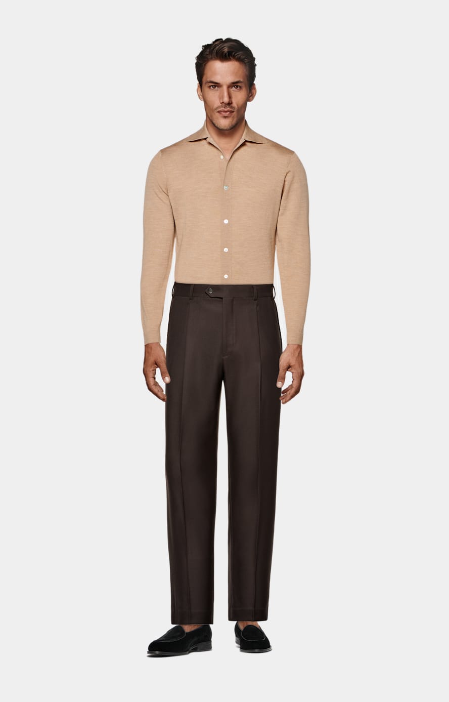 Mid Brown Merino Long Sleeve Polo Cardigan