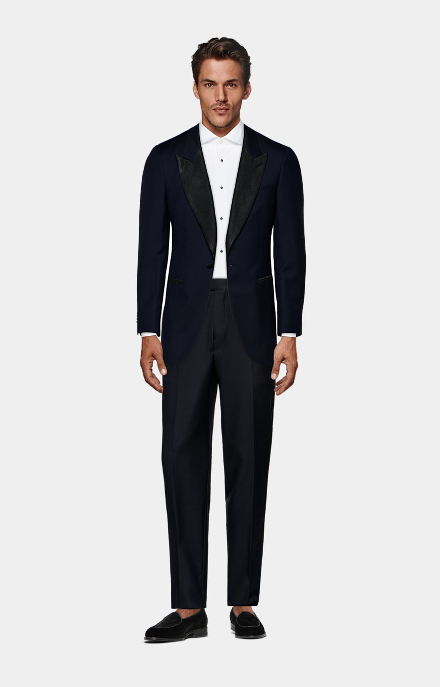 Navy Slim Leg Straight Tuxedo Trousers