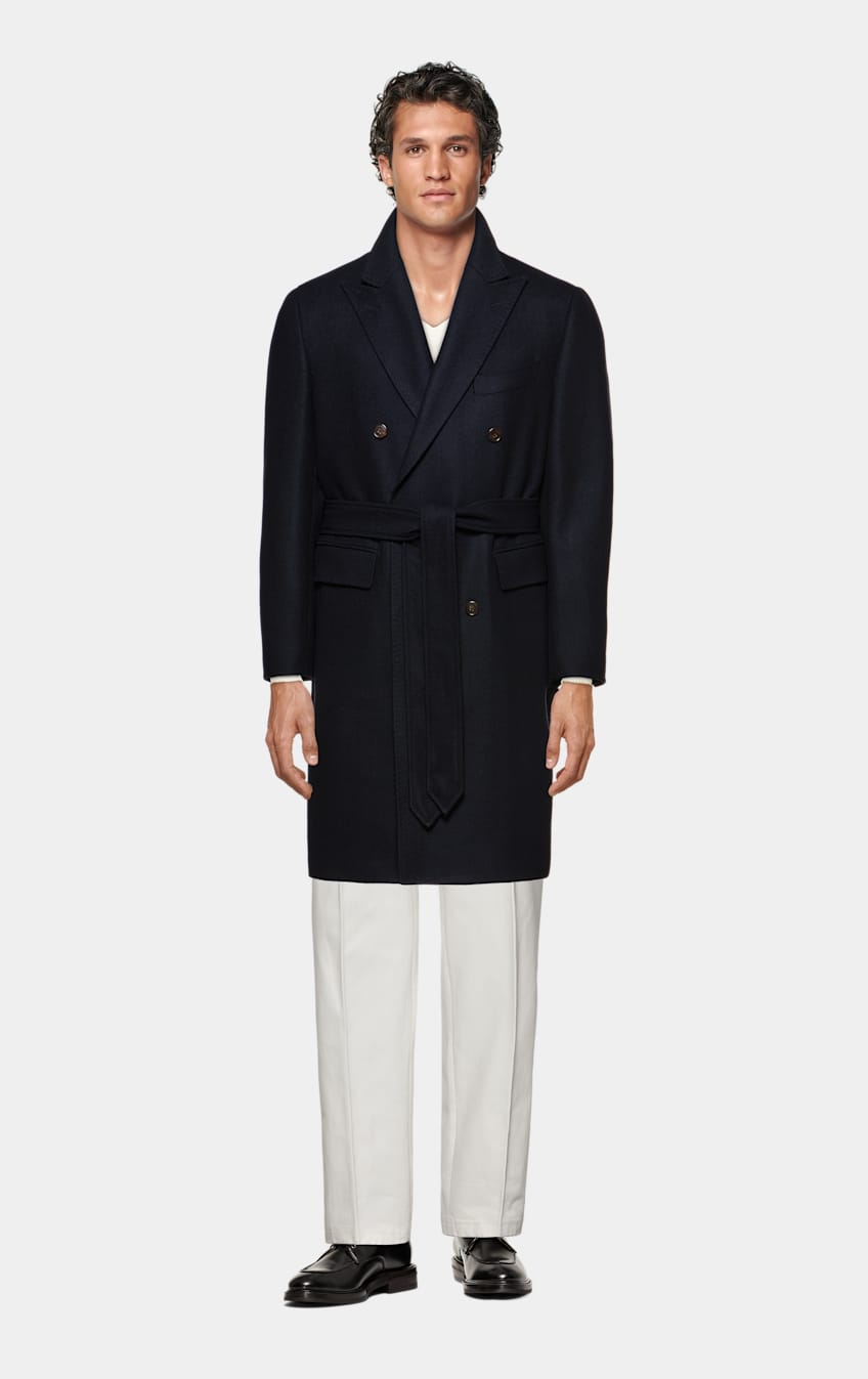Navy Herringbone Belted Overcoat in Wool Cashmere SUITSUPPLY