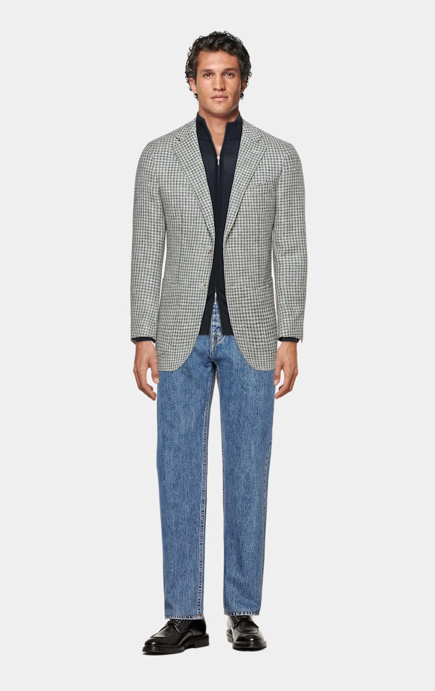 Mid Grey Houndstooth Havana Blazer in Wool Alpaca Silk Linen