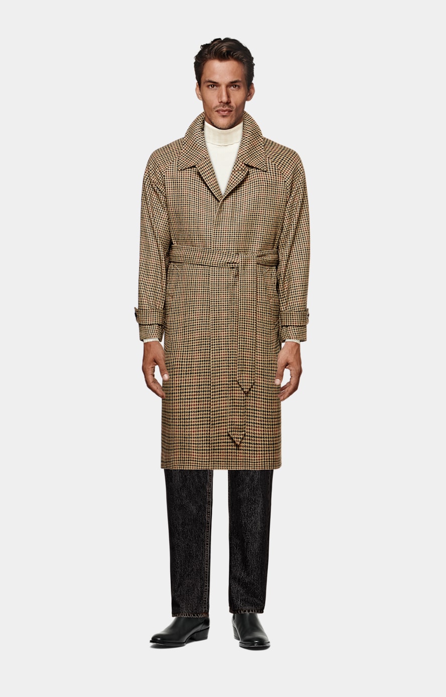 Brown & Red Checked Belted Overcoat